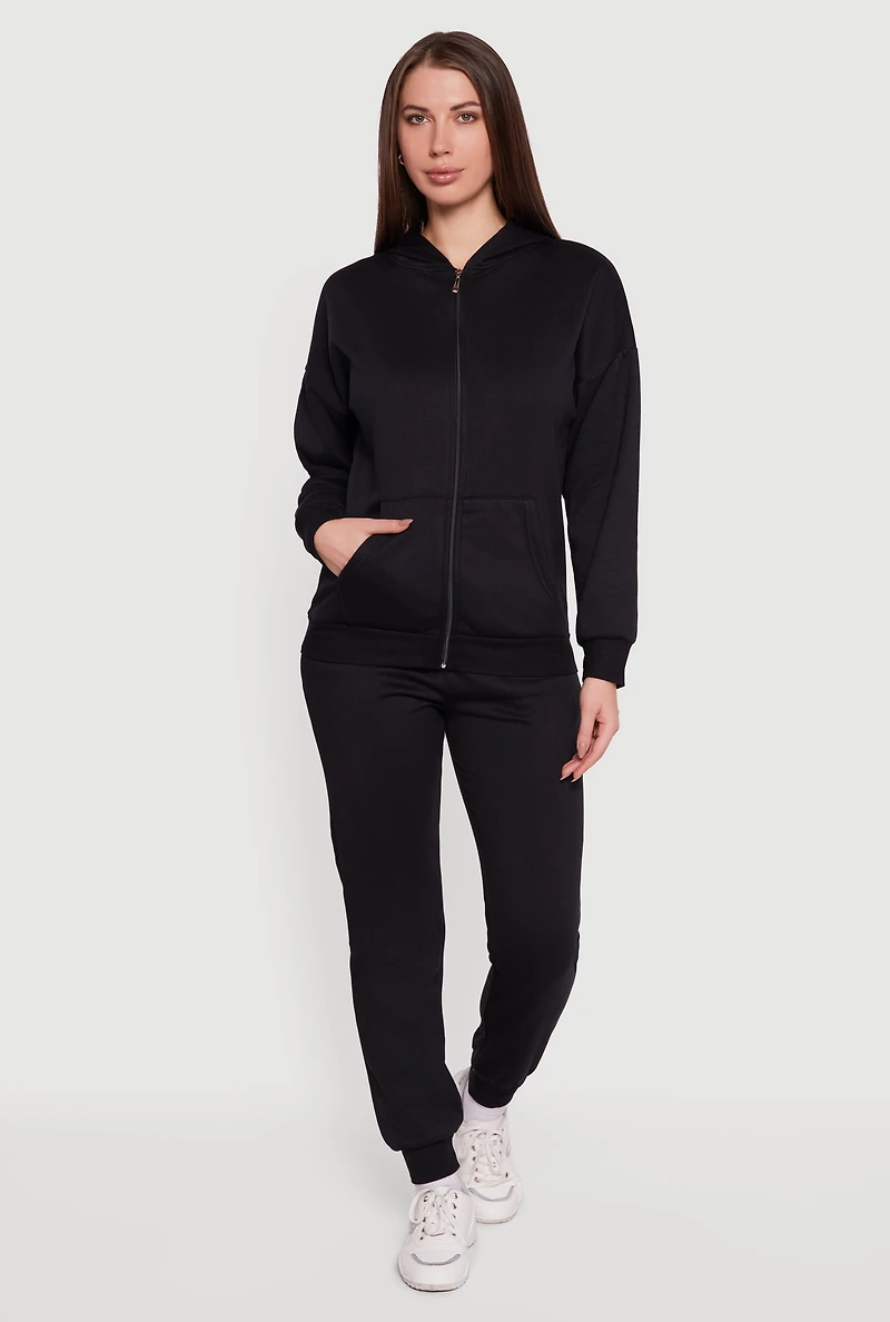 Long Sleeve Drop Shoulder Zip Front Hoodie