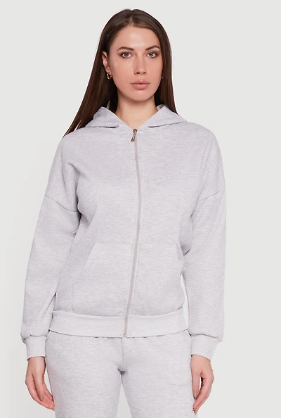 Long Sleeve Drop Shoulder Zip Front Hoodie