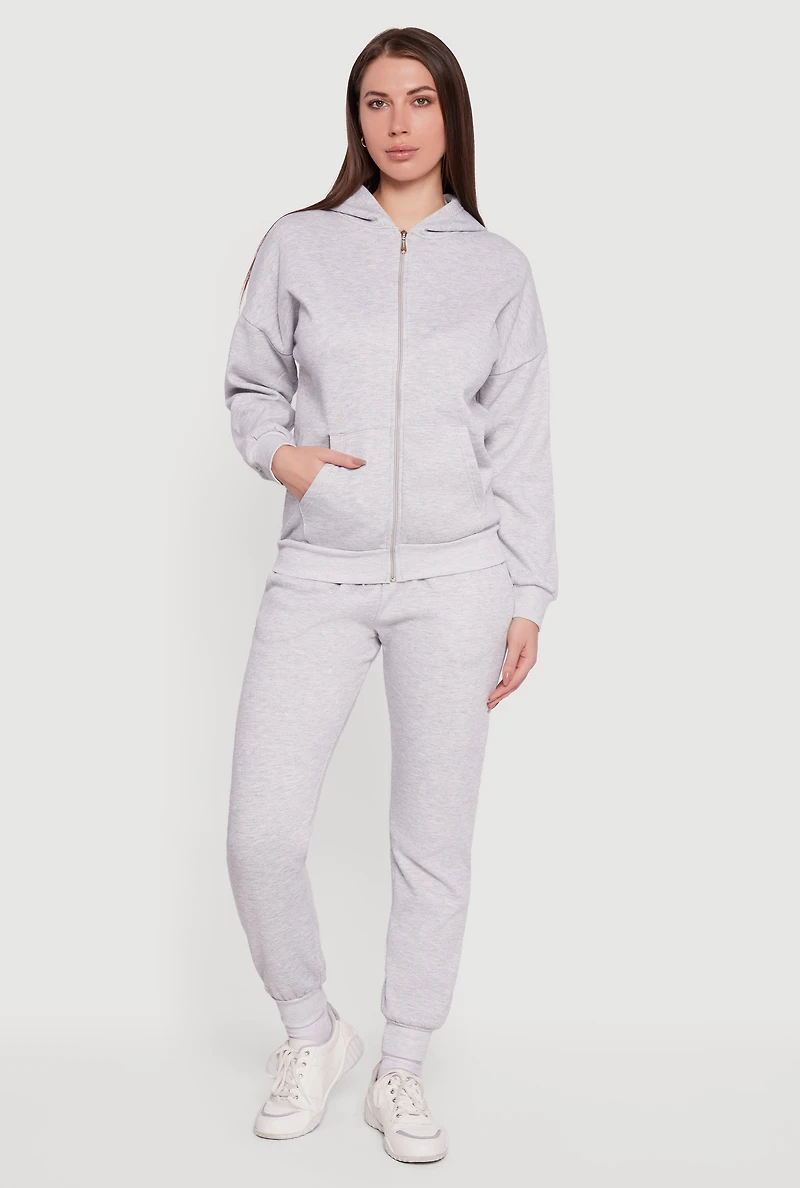 Womens Long Sleeve Drop Shoulder Zip Front Hoodie, Grey, Size L