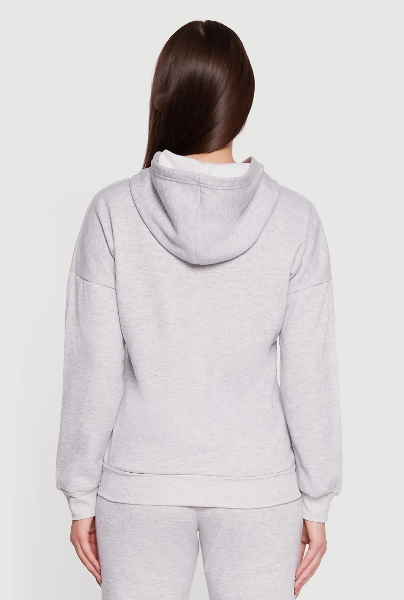 Womens Long Sleeve Drop Shoulder Zip Front Hoodie, Grey, Size L