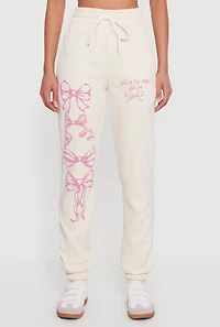 Womens Mon Cheri Bow Graphic Drawstring Waist Sweatpants, Khaki, Size S