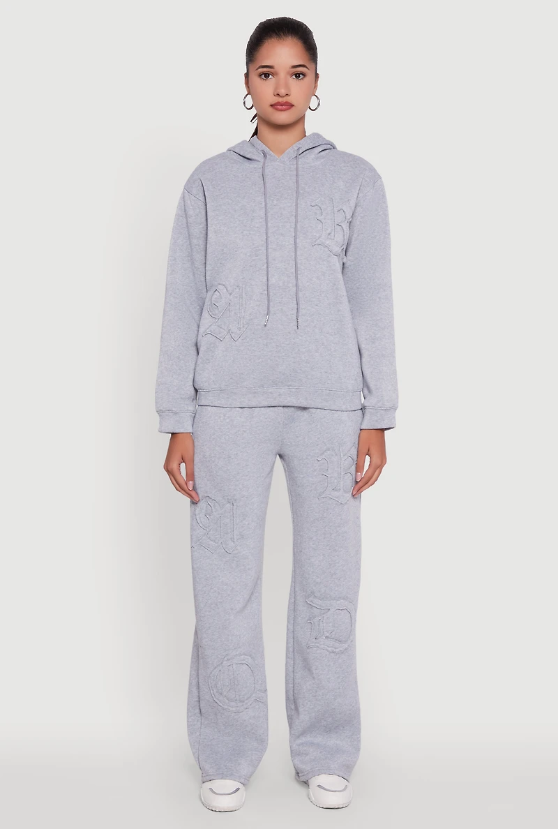 Womens Letter Detail Fleece Lined Hooded Sweatshirt, Grey,