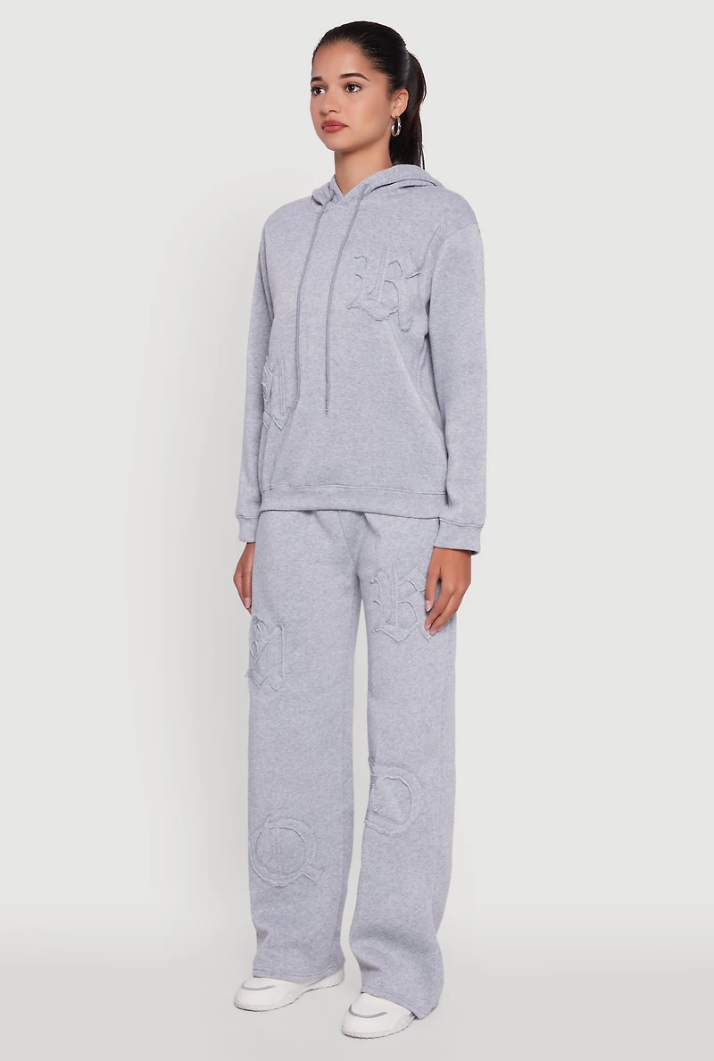 Womens Letter Detail Fleece Lined Hooded Sweatshirt, Grey,
