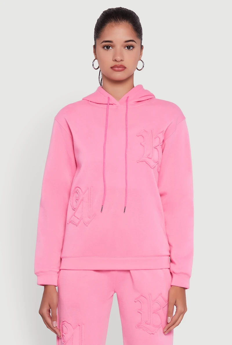Womens Letter Detail Fleece Lined Hooded Sweatshirt, Pink, Size L