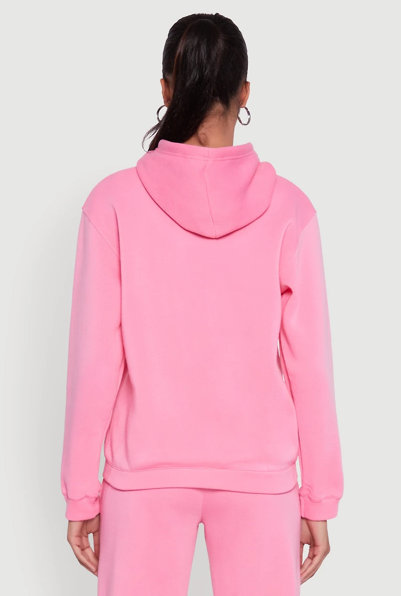 Womens Letter Detail Fleece Lined Hooded Sweatshirt, Pink, Size L