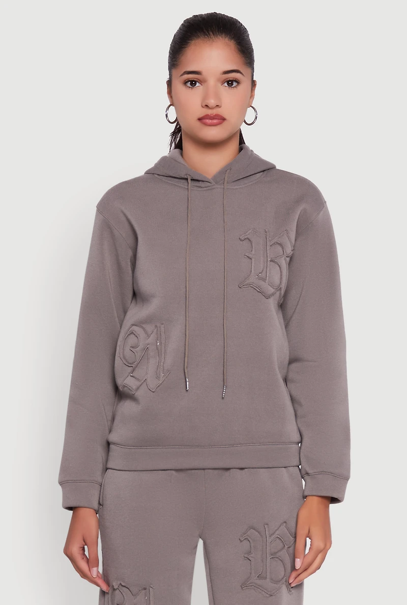 Womens Letter Detail Fleece Lined Hooded Sweatshirt, Grey,