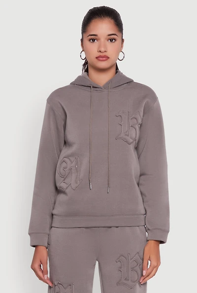 Womens Letter Detail Fleece Lined Hooded Sweatshirt, Grey,
