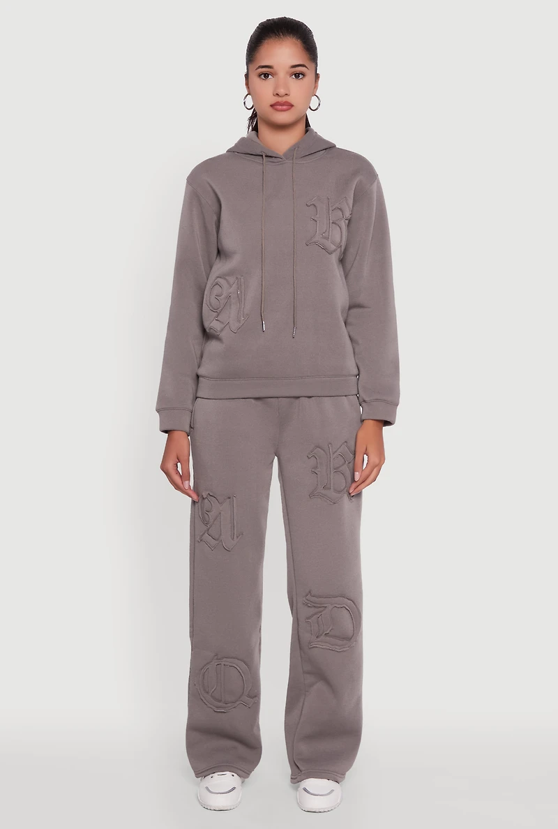 Womens Letter Detail Fleece Lined Hooded Sweatshirt, Grey,