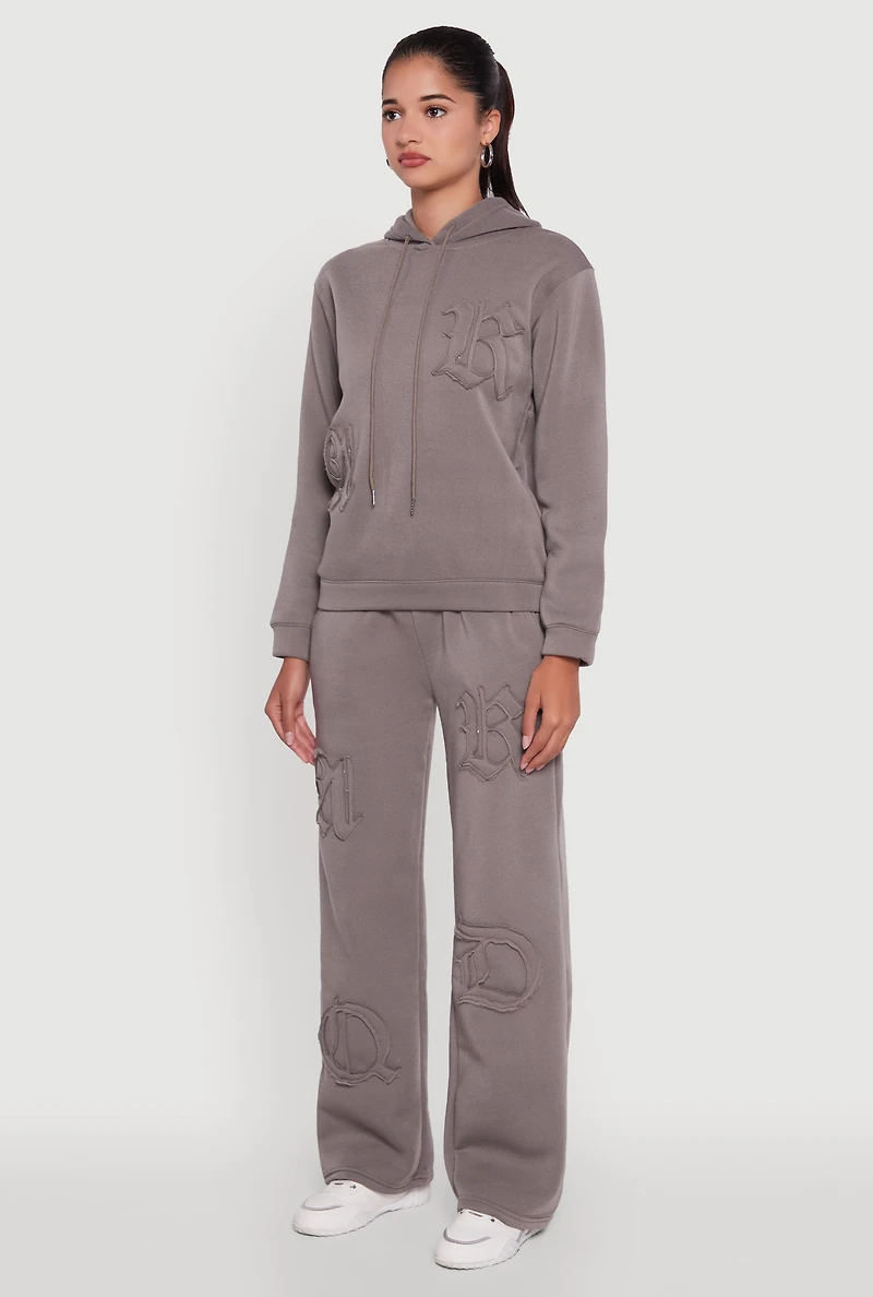 Womens Letter Detail Fleece Lined Hooded Sweatshirt, Grey,
