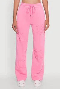 Womens Letter Detail High Waisted Wide Leg Sweatpants, Pink, Size S