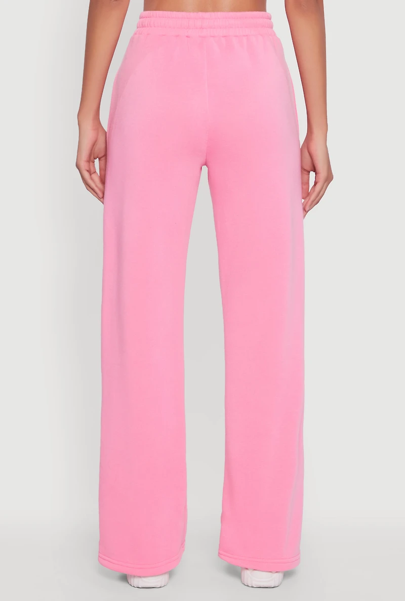 Womens Letter Detail High Waisted Wide Leg Sweatpants, Pink, Size S