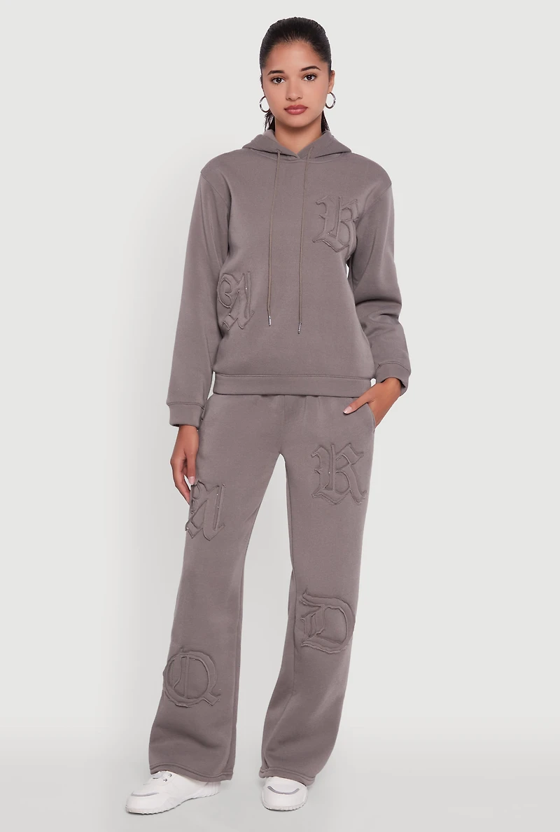 Womens Letter Detail High Waisted Wide Leg Sweatpants, Grey,