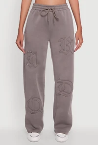 Womens Letter Detail High Waisted Wide Leg Sweatpants, Grey,
