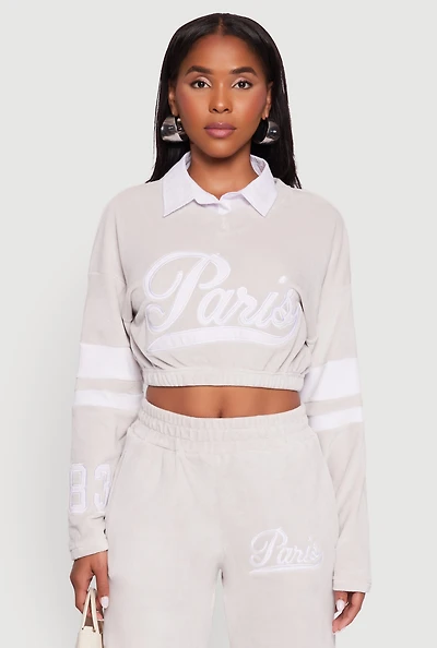 Womens Velour Paris Embroidered Graphic Cropped Sweatshirt,