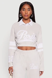 Womens Velour Paris Embroidered Graphic Cropped Sweatshirt, Grey, Size M