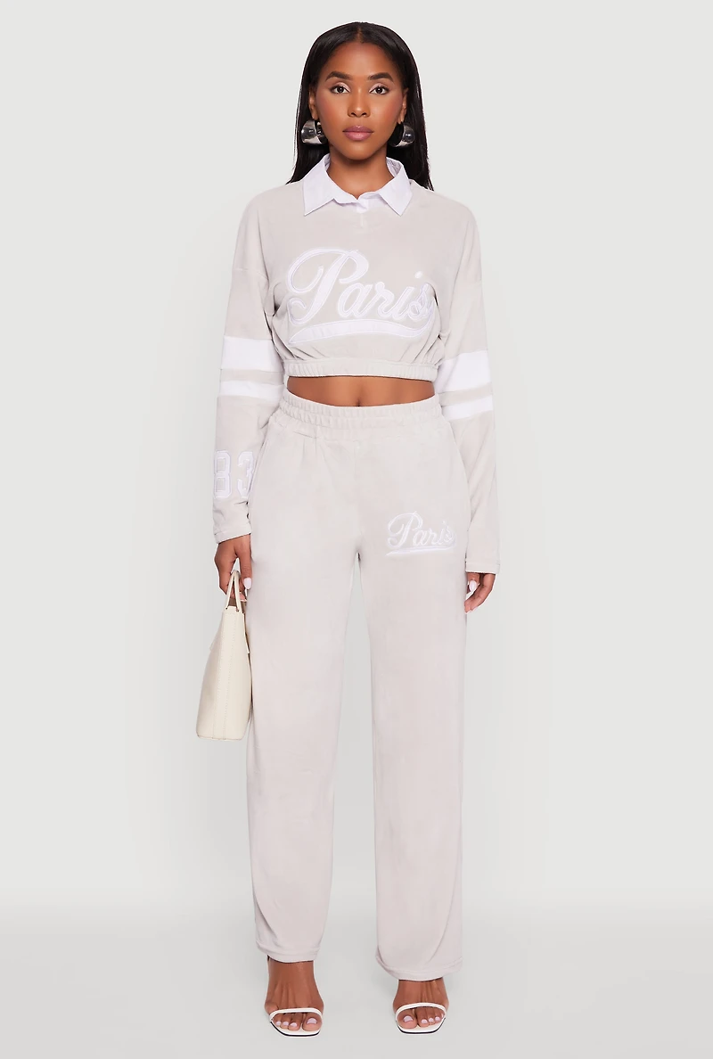 Womens Velour Paris Embroidered Graphic Cropped Sweatshirt, Grey, Size M