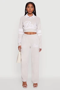 Womens Velour Paris Embroidered Graphic Cropped Sweatshirt, Grey, Size M