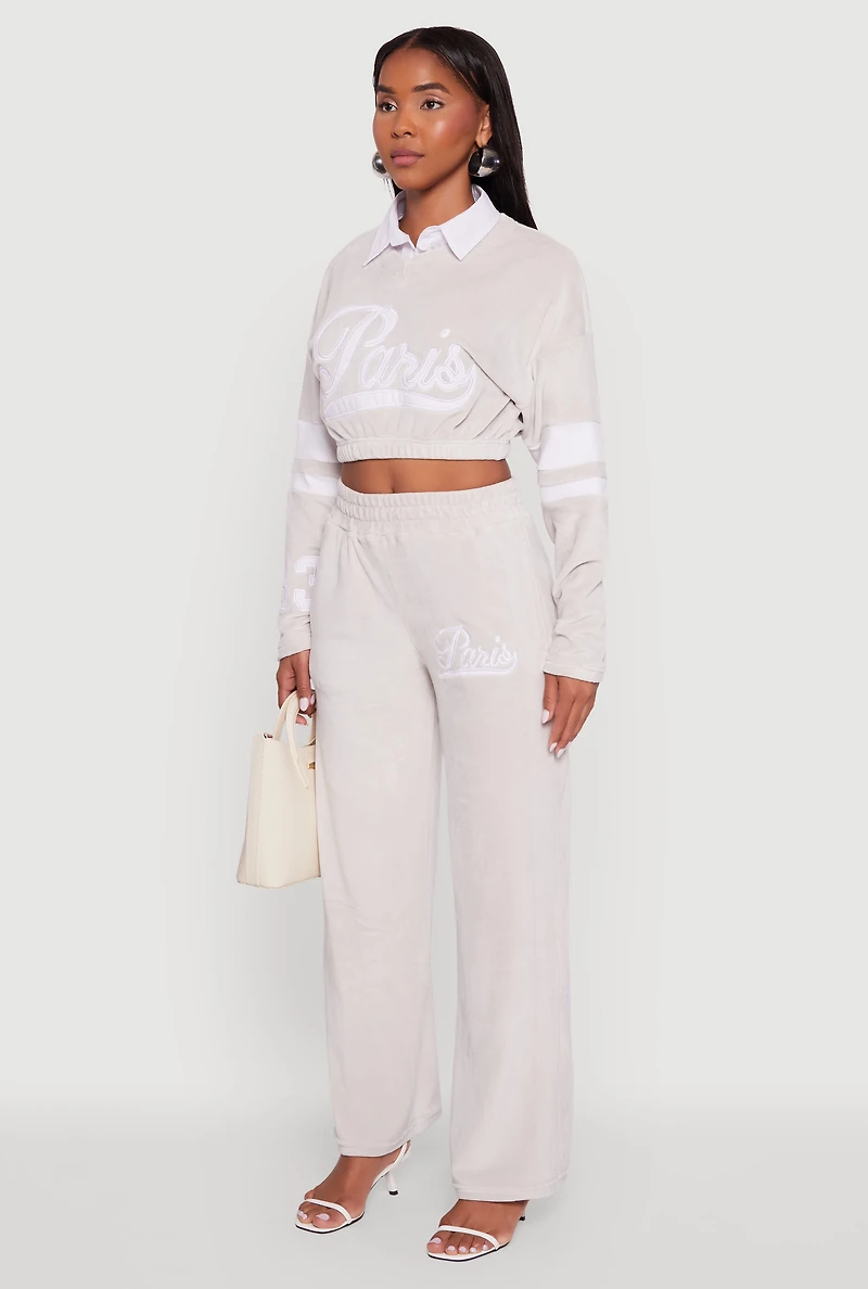 Womens Velour Paris Embroidered Graphic Cropped Sweatshirt, Grey, Size M