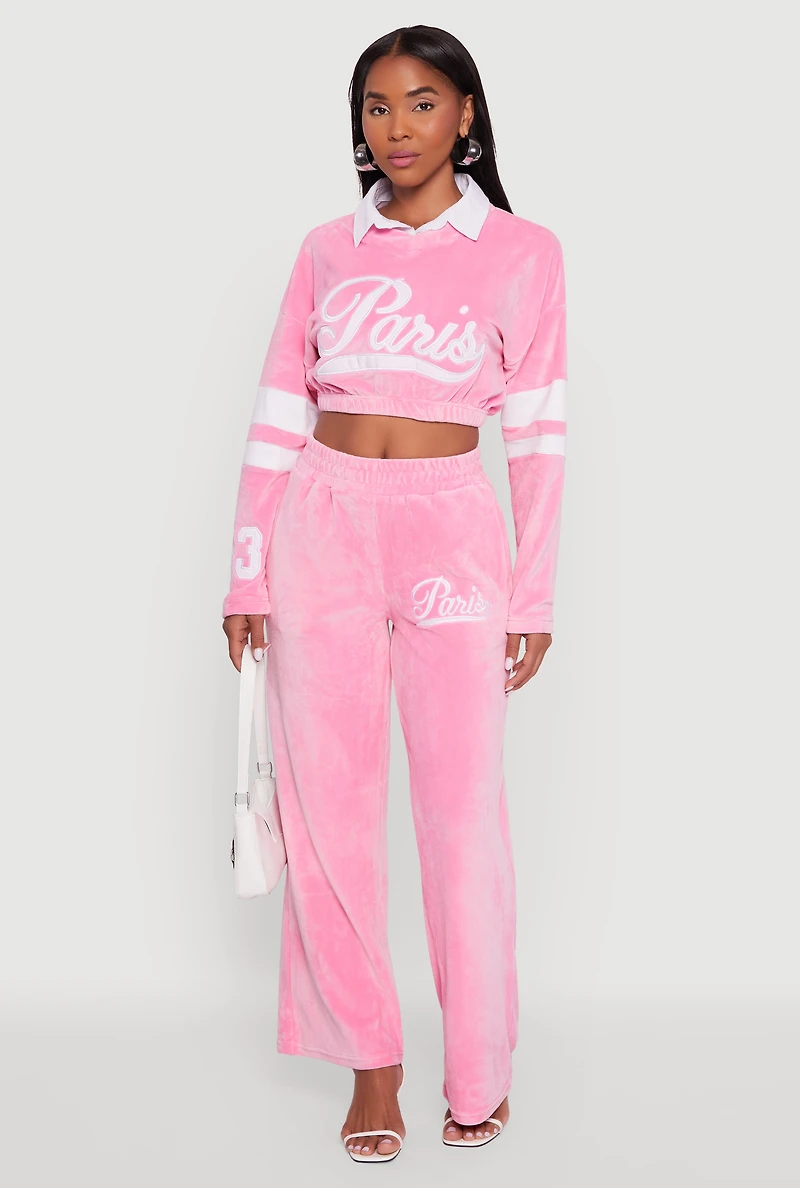 Womens Velour Paris Embroidered Graphic Cropped Sweatshirt, Pink,