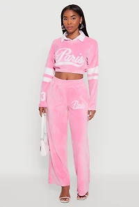 Womens Velour Paris Embroidered Graphic Cropped Sweatshirt, Pink,