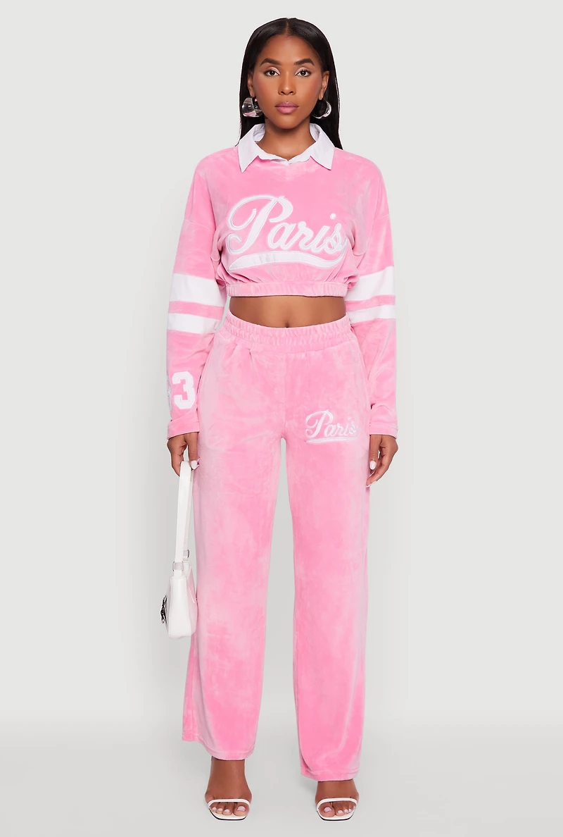 Womens Velour Paris Embroidered Graphic Cropped Sweatshirt, Pink,