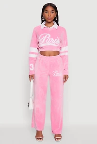 Womens Velour Paris Embroidered Graphic Cropped Sweatshirt, Pink,