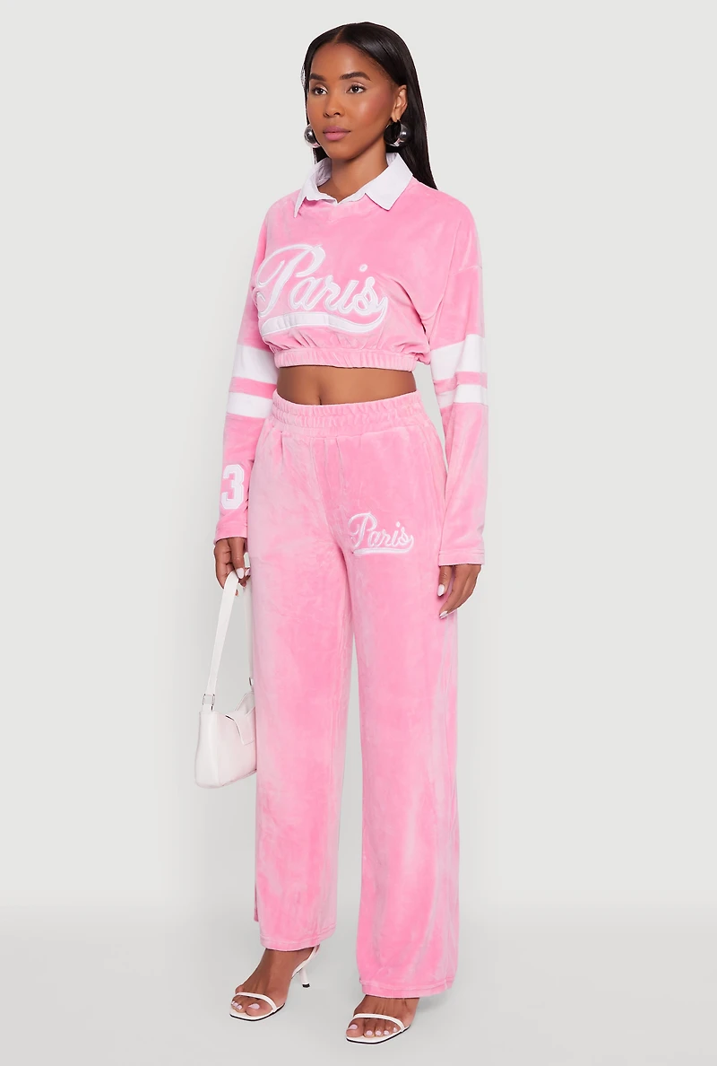 Womens Velour Paris Embroidered Graphic Cropped Sweatshirt, Pink,