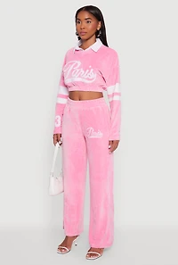 Womens Velour Paris Embroidered Graphic Cropped Sweatshirt, Pink,