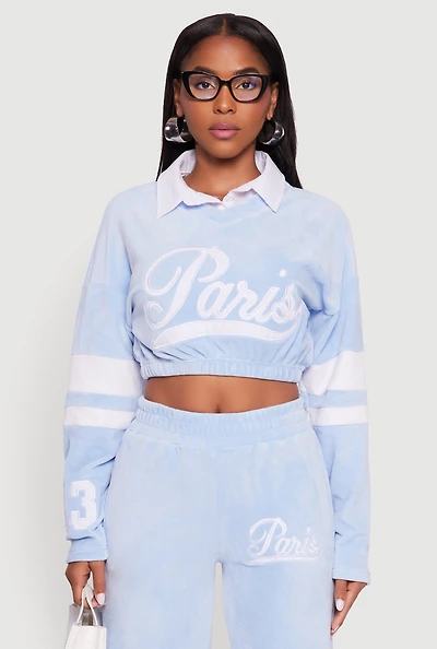 Womens Velour Paris Embroidered Graphic Cropped Sweatshirt,