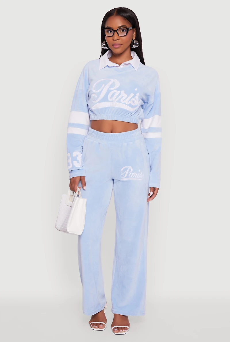 Womens Velour Paris Embroidered Graphic Cropped Sweatshirt,