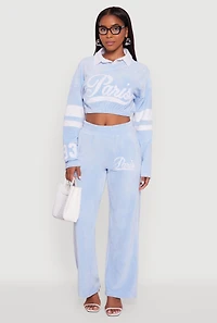 Womens Velour Paris Embroidered Graphic Cropped Sweatshirt,