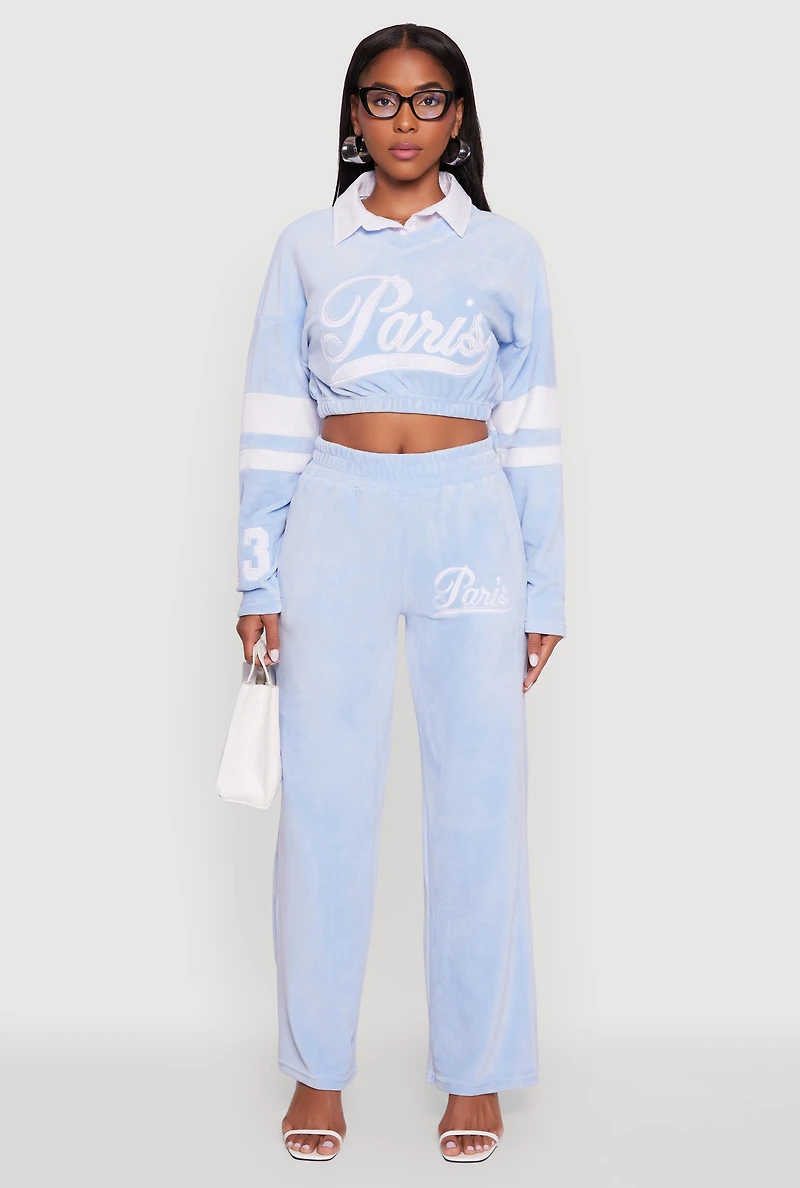 Womens Velour Paris Embroidered Graphic Cropped Sweatshirt,