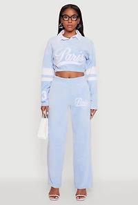 Womens Velour Paris Embroidered Graphic Cropped Sweatshirt,