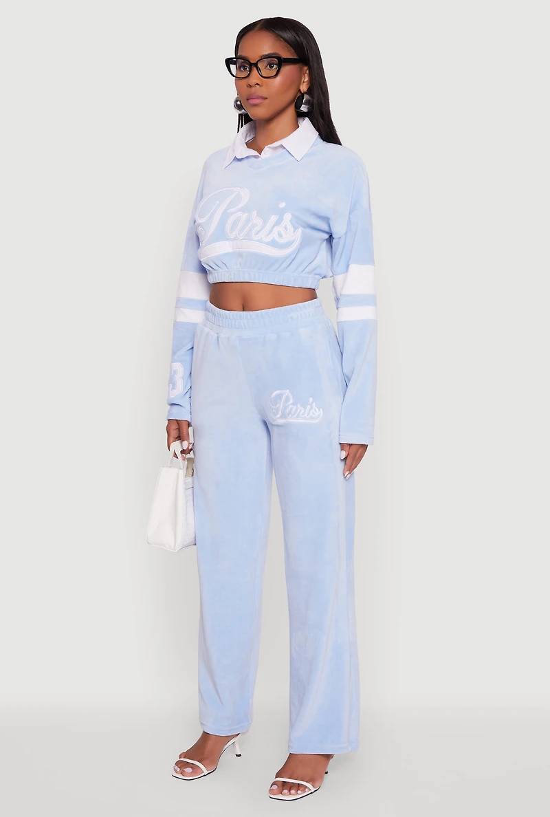 Womens Velour Paris Embroidered Graphic Cropped Sweatshirt,