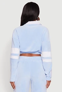 Womens Velour Paris Embroidered Graphic Cropped Sweatshirt, Blue, Size S