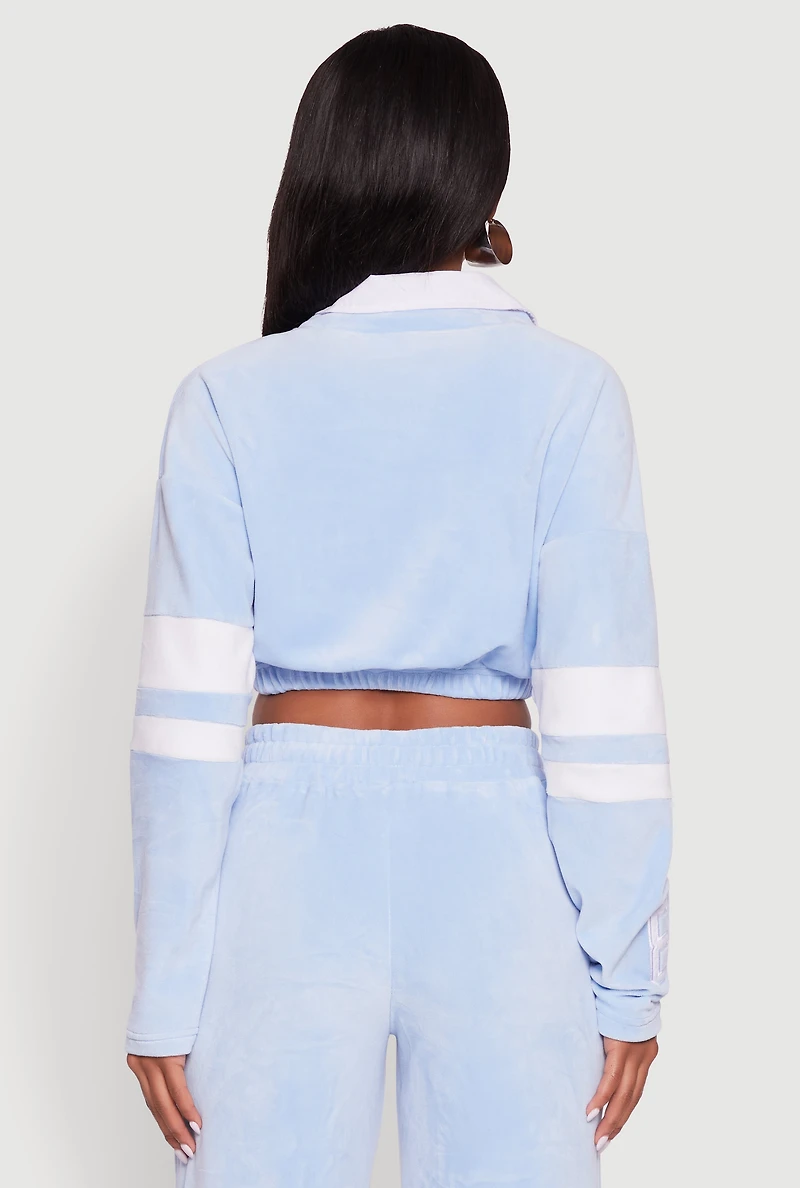 Womens Velour Paris Embroidered Graphic Cropped Sweatshirt,