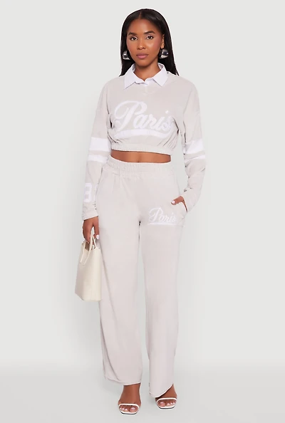 Womens Velour High Waisted Paris Graphic Sweatpants, Grey,