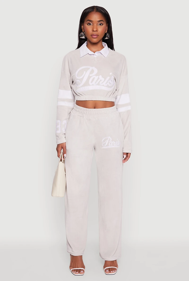 Womens Velour High Waisted Paris Graphic Sweatpants, Grey,