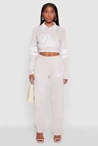 Womens Velour High Waisted Paris Graphic Sweatpants, Grey,