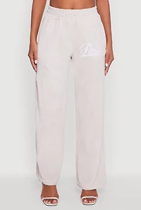Womens Velour High Waisted Paris Graphic Sweatpants, Grey,