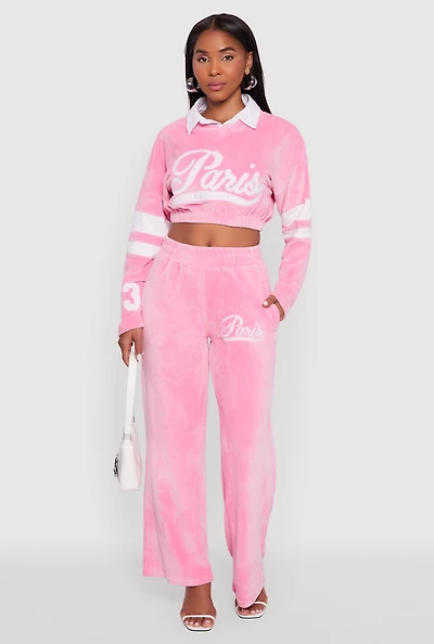Womens Velour High Waisted Paris Graphic Sweatpants, Pink, Size S