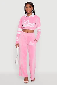 Womens Velour High Waisted Paris Graphic Sweatpants, Pink, Size S