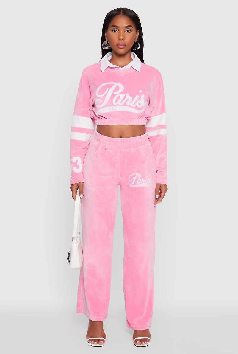 Womens Velour High Waisted Paris Graphic Sweatpants, Pink, Size S