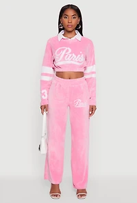 Womens Velour High Waisted Paris Graphic Sweatpants, Pink, Size S