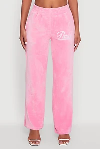 Womens Velour High Waisted Paris Graphic Sweatpants, Pink, Size S