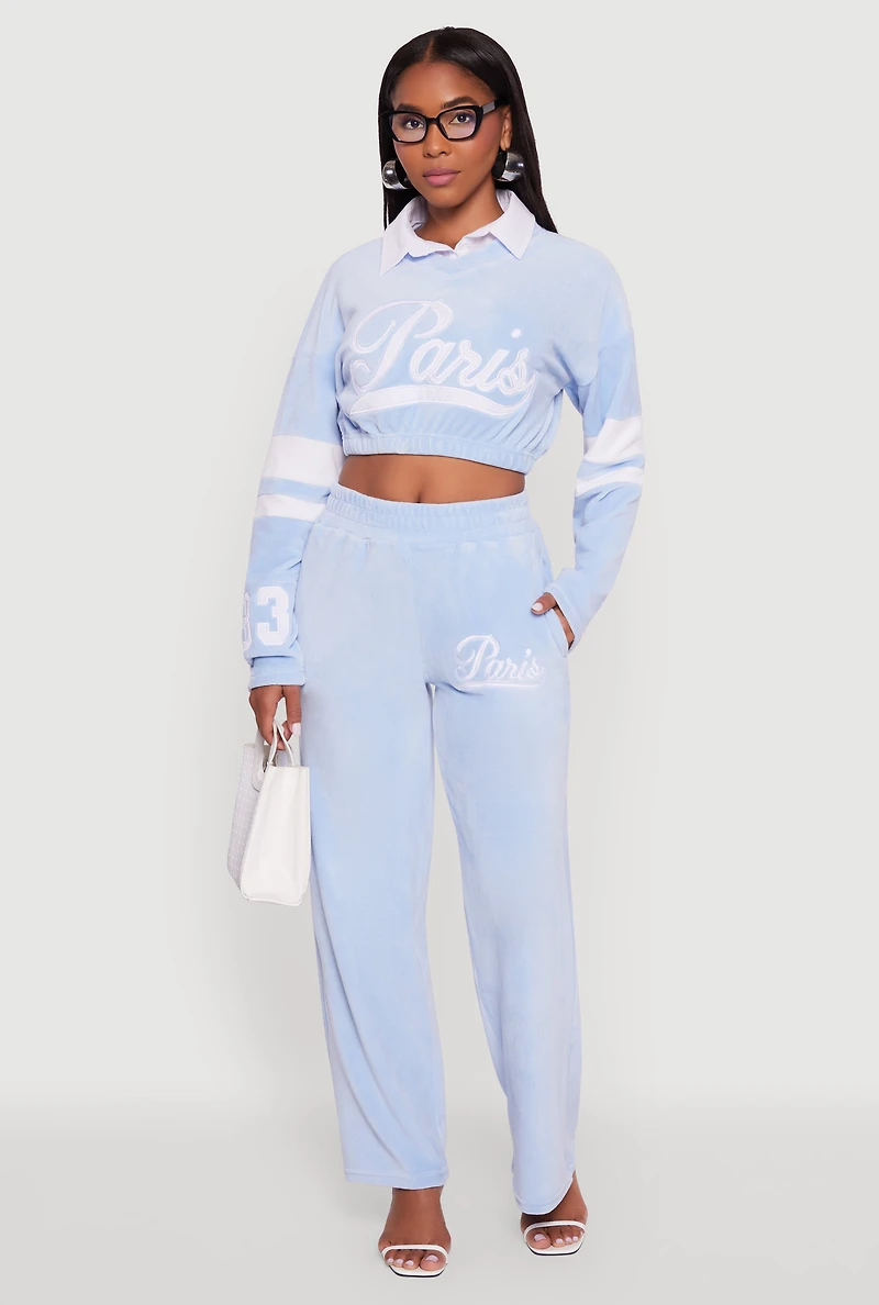 Womens Velour High Waisted Paris Graphic Sweatpants, Blue, Size XL