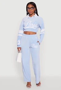 Womens Velour High Waisted Paris Graphic Sweatpants, Blue, Size XL