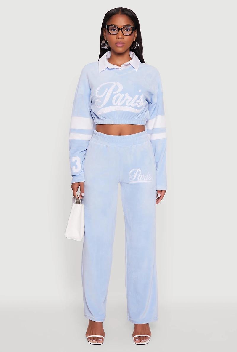 Womens Velour High Waisted Paris Graphic Sweatpants, Blue, Size XL