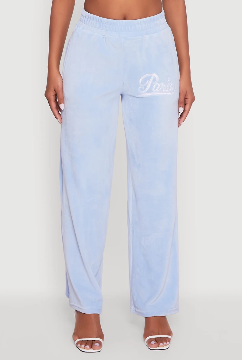 Womens Velour High Waisted Paris Graphic Sweatpants, Blue,