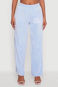 Womens Velour High Waisted Paris Graphic Sweatpants, Blue,